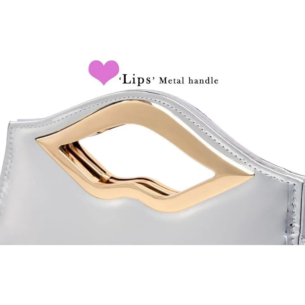 Women's Silver PU Leather Acrylic Hardware Glossy Hard Shell Party Formal Clutch
